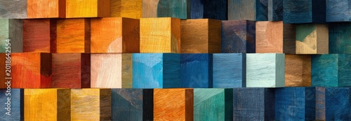 Abstract arrangement of colorful wooden blocks in a grid pattern.