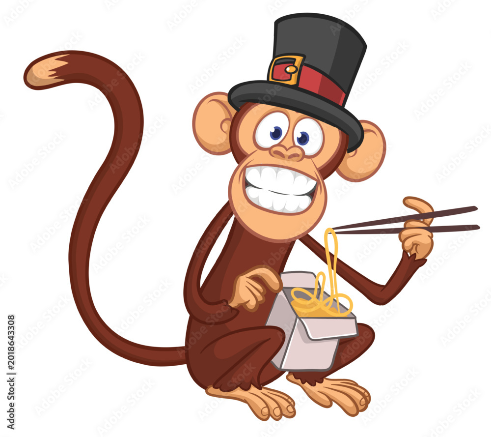 Naklejka premium Cartoon funny hungry monkey eating fast food hot noodles or ramen from meal box with chopsticks wears top hat