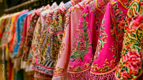 Vibrant embroidered traditional Chinese opera costumes hanging on rack, detailed cultural textile garments with ornate patterns, theatrical heritage fashion and colorful stage apparel