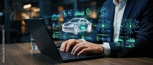 Innovative technology in automotive industry virtual car concept demonstration modern office setting digital interaction nighttime atmosphere