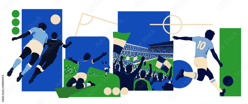 Obraz premium Soccer players in action, dynamic graphic illustration of football match, sport competition, teamwork and victory