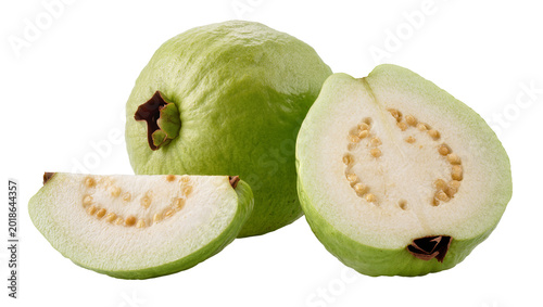 Photography Green Guava Fruit Whole and Sliced Showing Seed Pattern