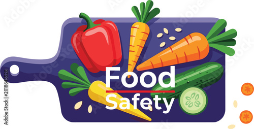 A vibrant digital vector illustration of fresh organic vegetables on a purple cutting board showing food safety concept with carrots pepper cucumber