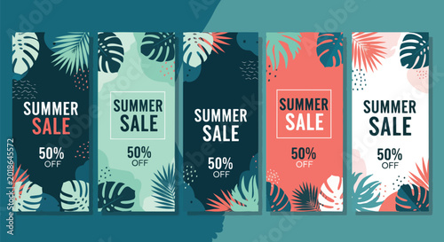Five vibrant vertical tropical summer sale banners with monstera and palm leaves in various refreshing color palettes, concept for online shopping promotion, social media stories and seasonal