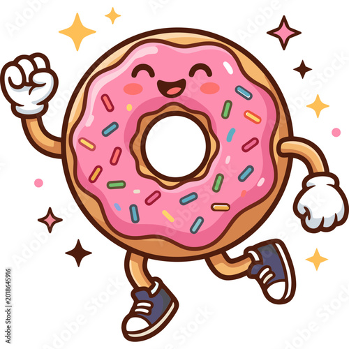 A smiling donut character runs with raised fist surrounded by colorful stars.