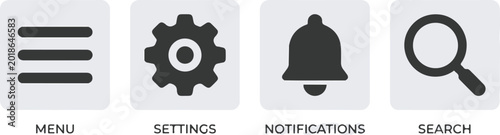 Tableau sur toile Flat icons set for menu, settings, notifications, and search functions in app de