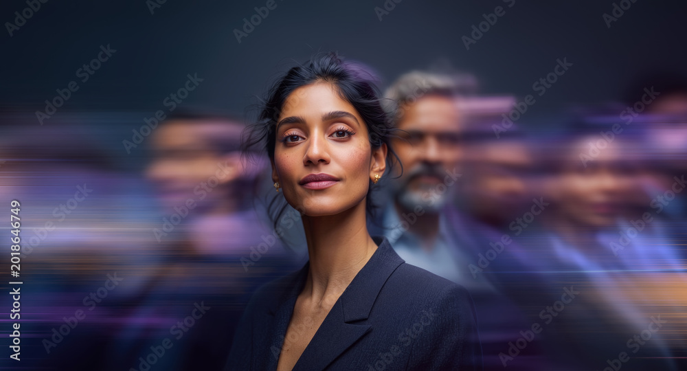 Obraz premium Professional Indian Businesswoman Remaining Still and Calm Within Purple Abstract Crowd Motion