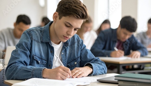 student writing answers on exam paper, shallow depth of field, education