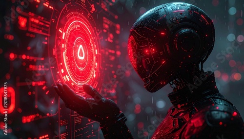Futuristic Robot Interacting with Digital Red Interface and Data Streams