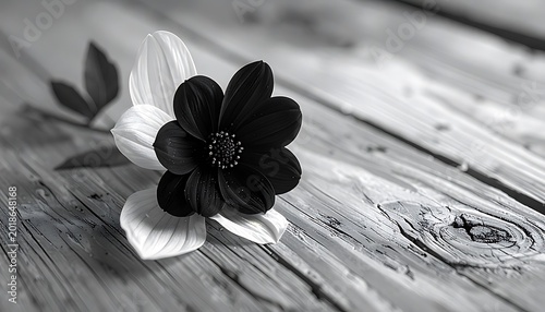 A single dark flower with delicate petals and green leaves rests on a rustic wooden surface, evoking a sense of melancholy and natural beauty