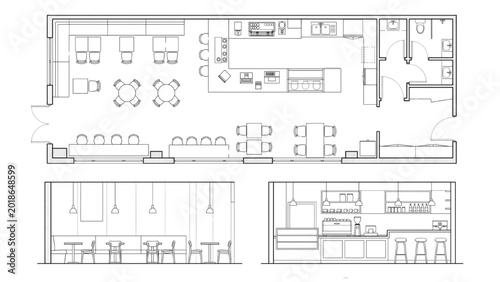 Minimal CAD Cafe Interior Layout Set – Top View Coffee Shop Counter Seating Elevation Architectural Line Drawing