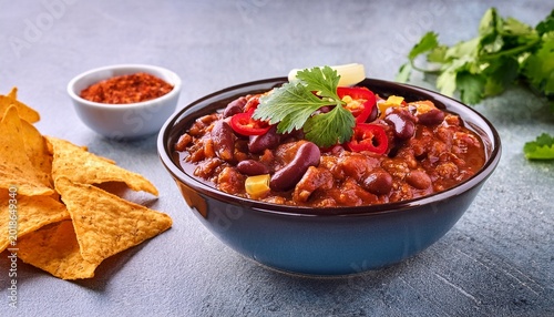 vegan chili sin carne in bowl with tortilla chips cilantro garnish vegan food plant based diet onion