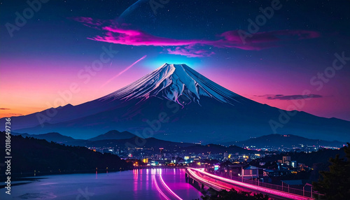 mount fuji with futuristic neon style, Generated image	

