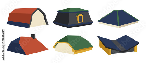 Tableau sur toile Roof Types Collection Set, Architectural Styles for Residential Building Constru