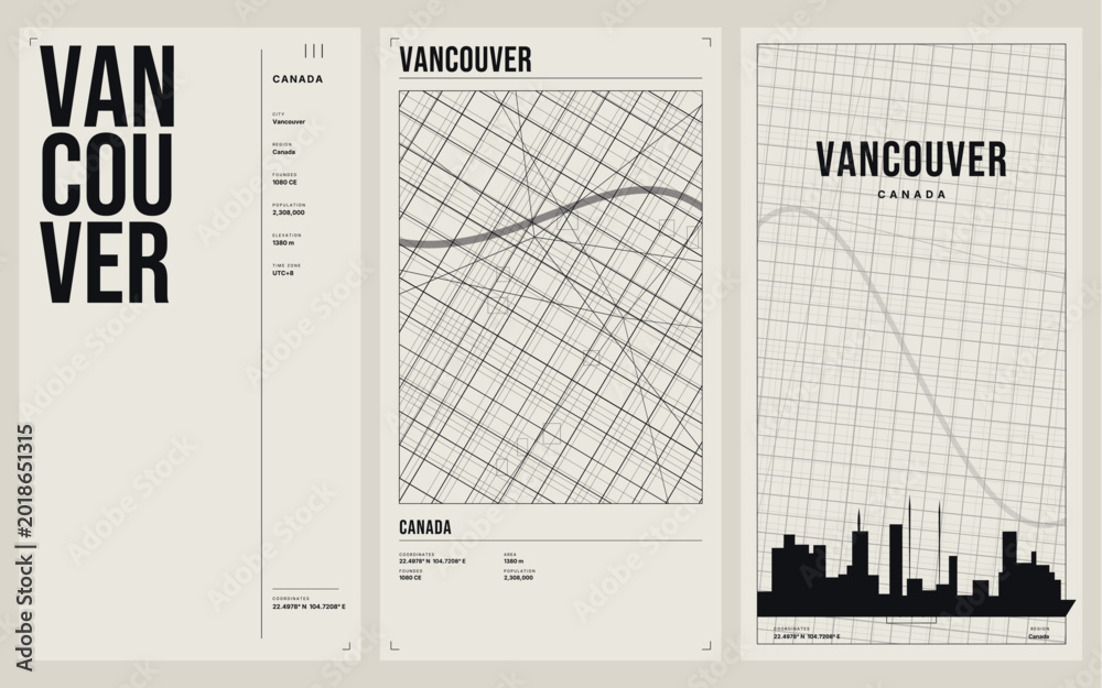 Obraz premium Minimalist vancouver canada city map and skyline poster set vector illustration