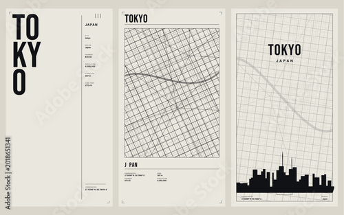 Minimalist tokyo japan city map and skyline poster set vector illustration