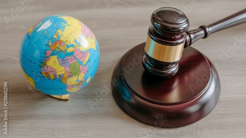 A professional business photo of a hand holding a gavel next to a globe on a wooden desk in a courtroom