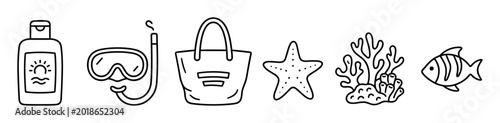 Foto Hand drawn summer beach icons including sunscreen, snorkeling gear, beach bag, s