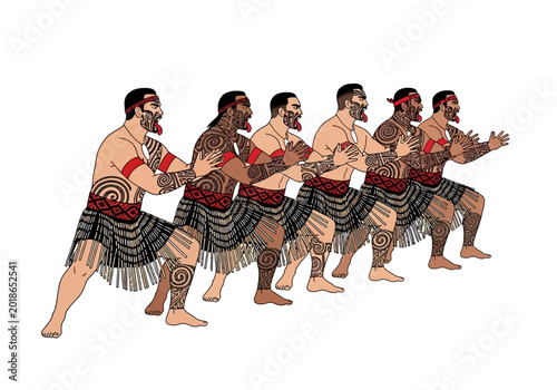 Maori Haka Performers with Tattoos and Traditional Skirts in Formation
