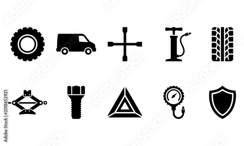 Foto Auto repair and tire service silhouette icons for mechanics and garages
