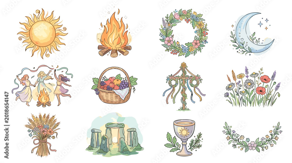 Obraz premium Collection of whimsical illustrations featuring celestial, nature, and fantasy elements