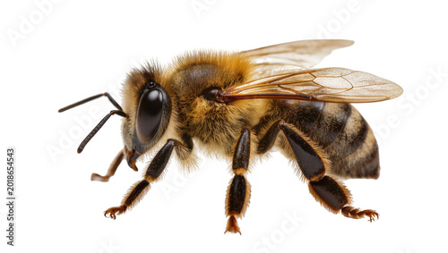 Photos Detailed Honeybee Close-up with Fuzzy Brown and Black Striped Body