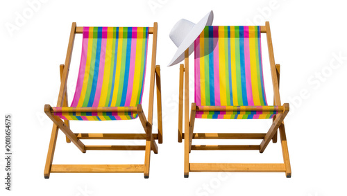 Canvastavla Colorful striped beach chairs with a gray sun hat