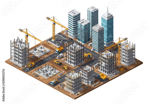 Vászonkép Construction site with buildings and cranes.