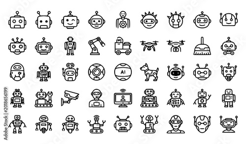 Robot and artificial intelligence icon set, android characters, tech bots and machine line icons.