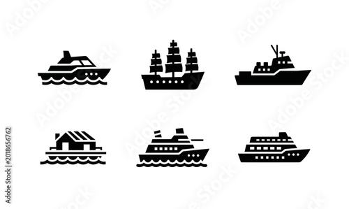Tableau sur toile Six nautical vessel silhouette icons, water transport set, solid black style