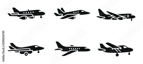 Bild auf Leinwand Six airplane silhouette icons set, various aircraft types, travel and transport