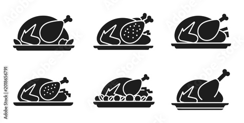 Bild auf Leinwand Roasted turkey silhouette icons set, festive meal presentation, food holiday