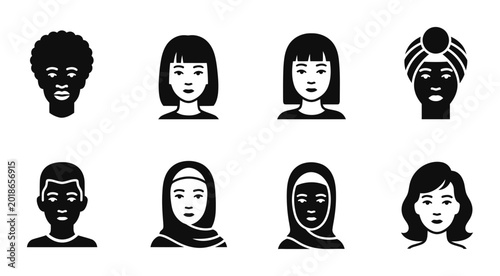 Diverse people silhouette icons set, multicultural faces, solid black style, community representation