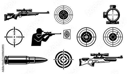 Foto Shooting range and target practice icons set, sniper aim and bullet silhouette vector