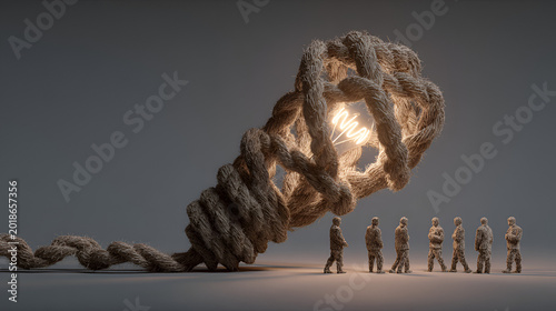 Group Think as a a lightbulb formed from intertwined ropes suggests an idea born from shared strength collective thinking and tightly connected team collaboration. Stock Illustration