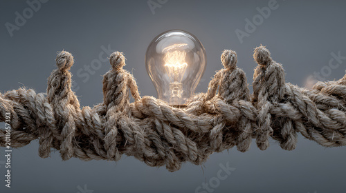 Group Think as a a lightbulb formed from intertwined ropes suggests an idea born from shared strength collective thinking and tightly connected team collaboration. Stock Illustration