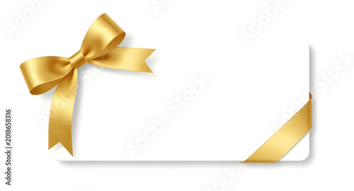 blank white gift card illustration, luxurious golden ribbon design, elegant festive bow graphic, premium celebration invitation artwork, glossy gold decoration vector, stylish present card illustratio