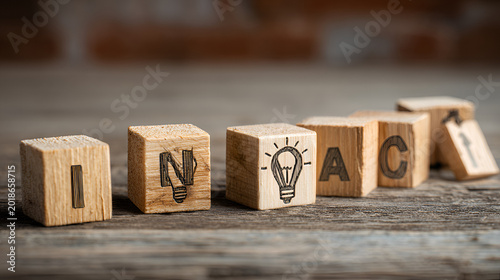 Innovation and change management concept with wooden blocks representing ideas, learning, strategy, workflow, planning, and continuous improvement for business development