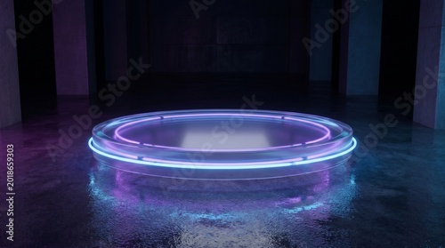Round floating pedestal display with glowing neon aura