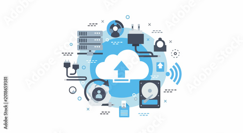 Cloud Computing and Global Data Storage Network Concept Illustration Featuring Server, Security, Connectivity, and Upload Icons on a Clean White Background