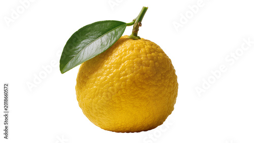 Foto Yellow textured Yuzu citrus with green leaf and stem