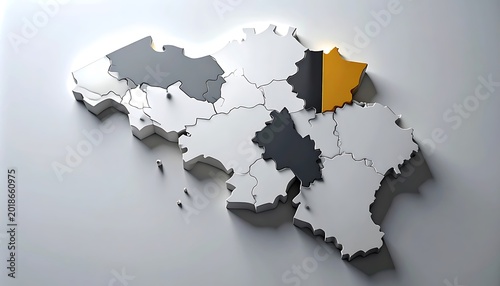 Abstract 3d map of belgium with highlighted regions, isolated on light gray background, representing european geography and travel