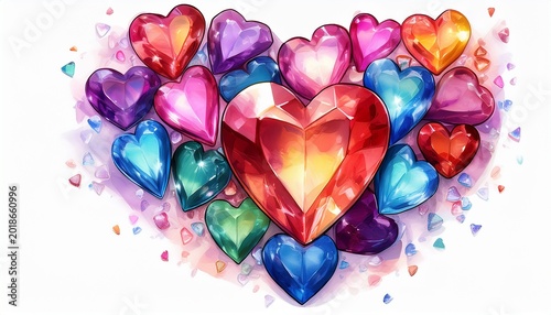 png colorful heart shaped gemstones sparkle white background