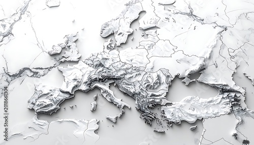 Abstract 3d map of Europe with topographic detail and population dots, digital topography and urban network concept
