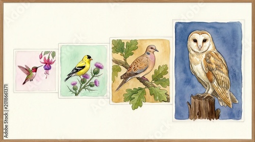 Beautiful collection of watercolor bird illustrations featuring a hummingbird, goldfinch, dove, and barn owl in a vintage naturalist style on a clean white background