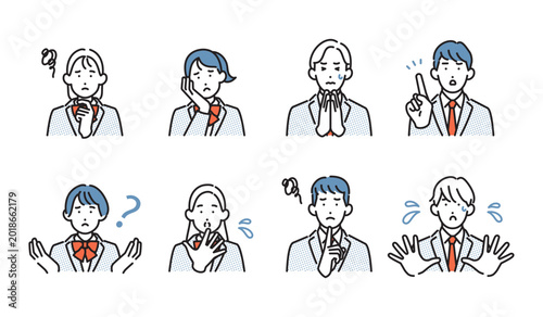 Foto シンプル　イラスト　制服を着た学生の困る・悩むジェスチャーアイコンセット ベクターイラスト