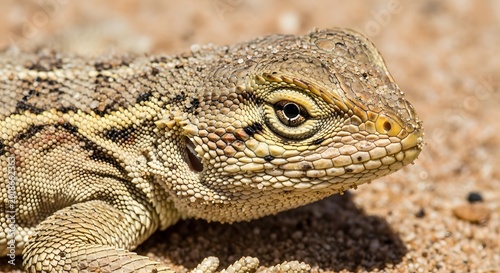 Close-up portrait of a desert lizard with textured skin and captivating eye on sand.