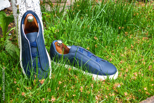 Pair of men 's shoes on the grass. Blue sneakers on a stump in the garden. Shoe fashion. Stylish sneakers
