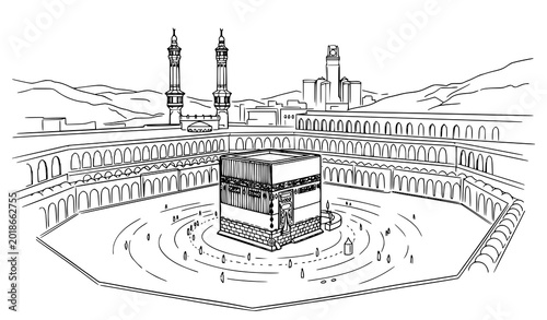 Bild auf Leinwand Holy Kaaba in Makkah line art sketch, Islamic pilgrimage Hajj and Umrah destination