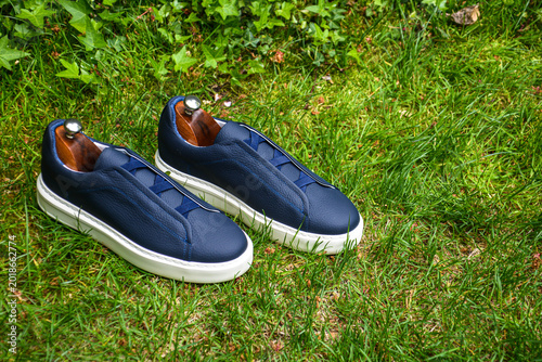 Pair of men 's shoes on the grass. Blue sneakers on a stump in the garden. Shoe fashion. Stylish sneakers